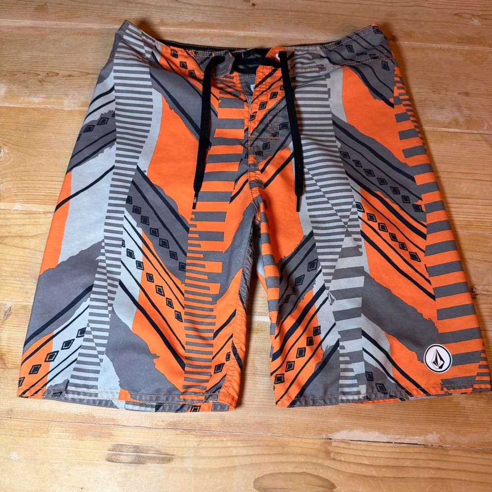 Vintage Volcom Tild Stripe Board Shorts Mens 28 Orange Geometric Swim Trunks